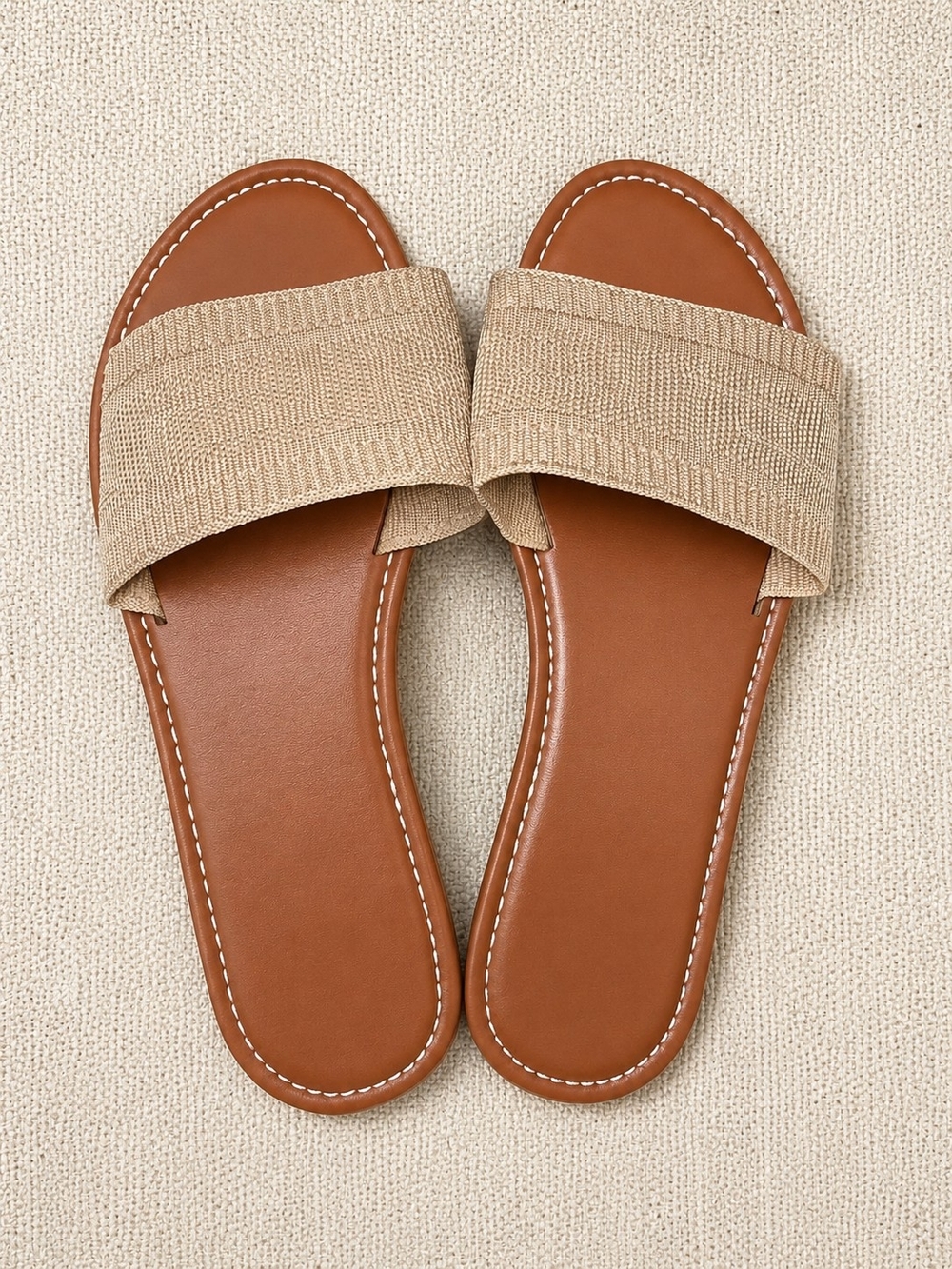 Tan Slide Sandals with Beige Knit Strap